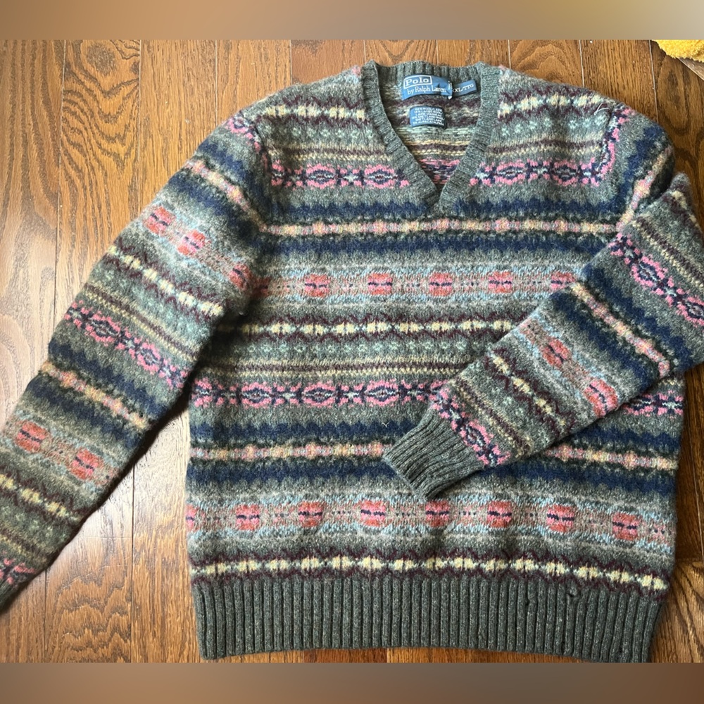 POLO RALPH LAUREN LAMBS WOOL ALPACA JACQUARD V-NECK FAIR ISLE SWEATER